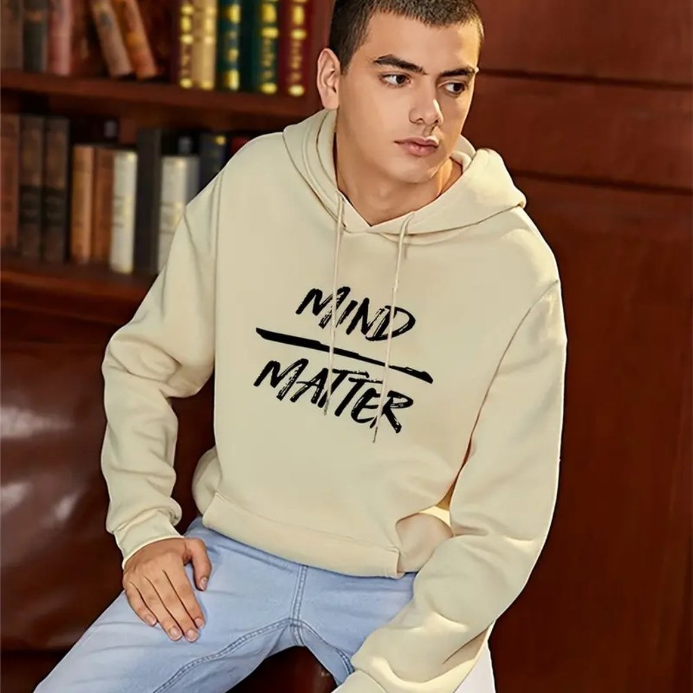 {NEW} Men's Mind Matter Print Hoodie Beige Large